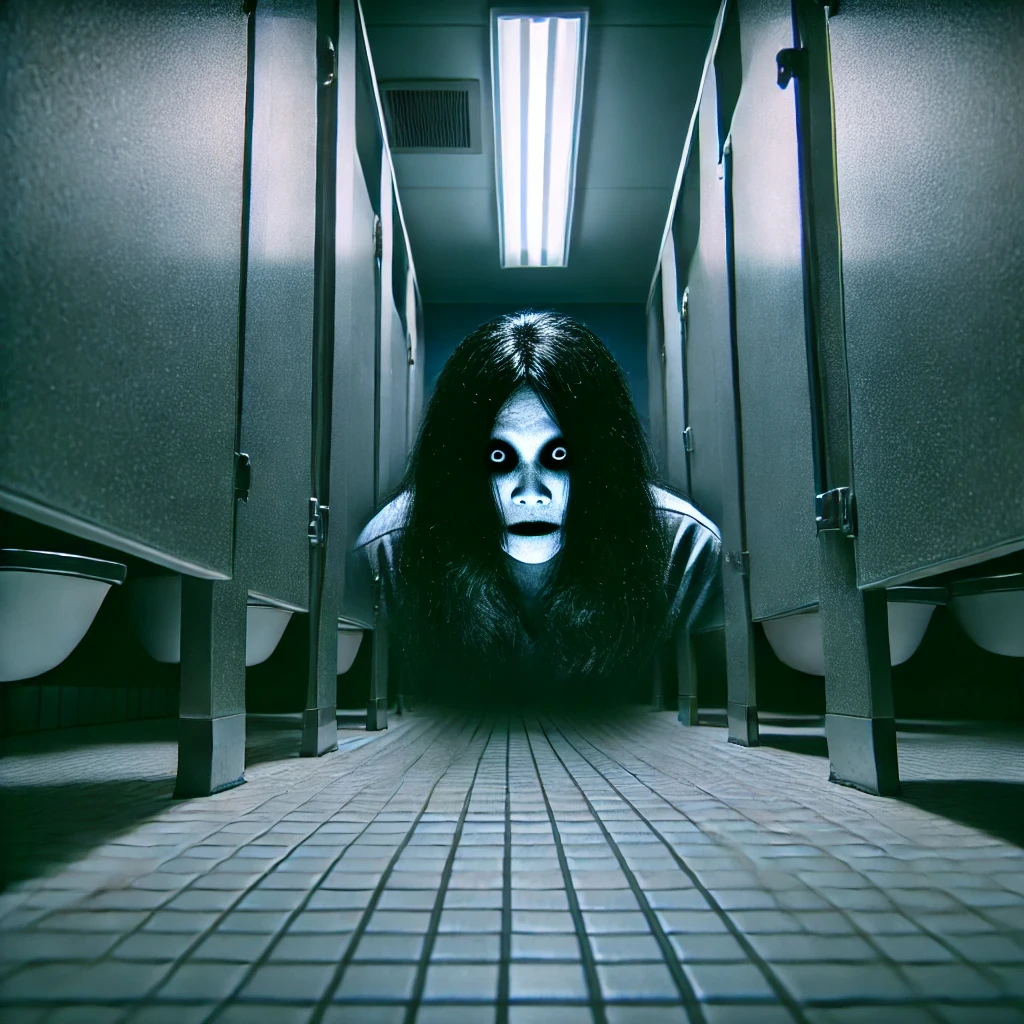 DALL·E 2025-05-14 00.05.34 - A terrifying horror scene inside a dimly lit public restroom stall at midnight. The viewpoint is from a seated person's perspective, looking at the bo~1.webp